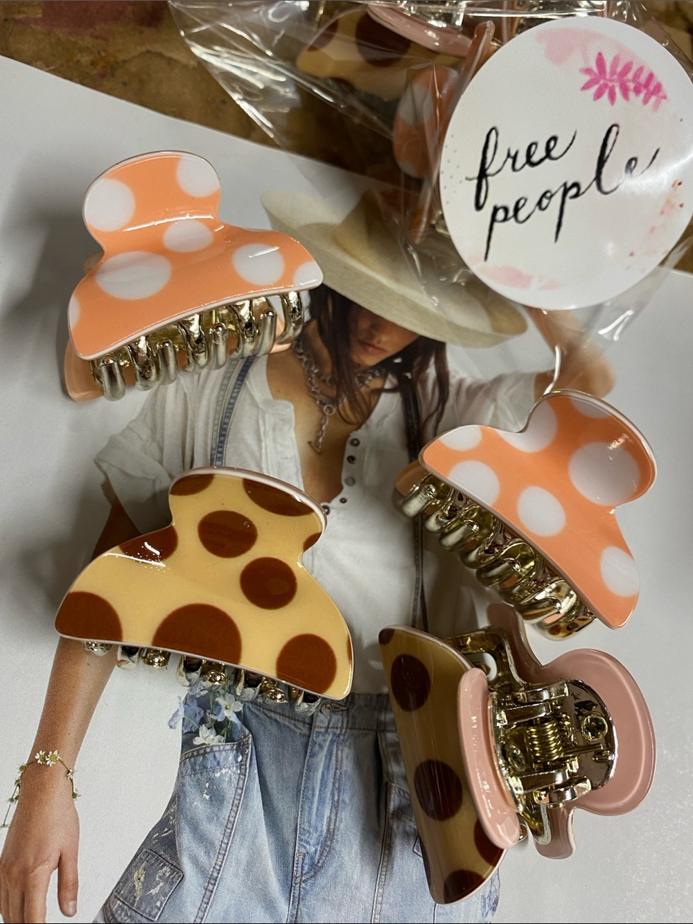 Free People Polka Dot Mini Claw Clips in Peach, Beige & Brown